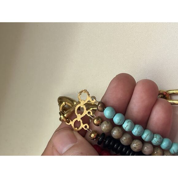 K. Amato Five Strand Beaded Necklace Black & Burgundy Blue Howlite Gold Necklace - Picture 8 of 8